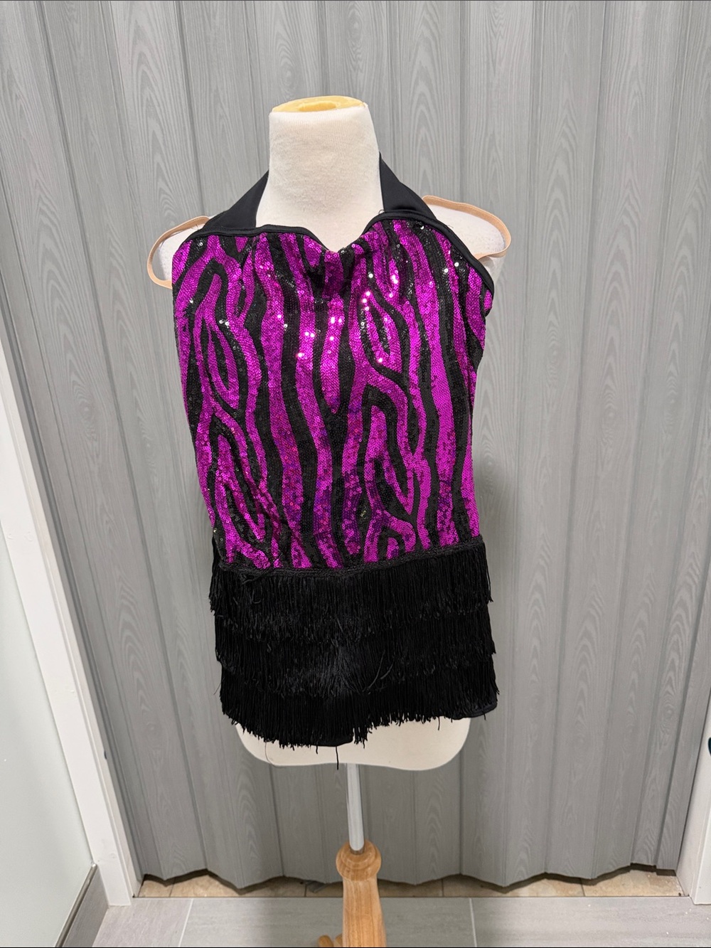 Sequin Zebra Halter biketard with Fringe - Purple & Black